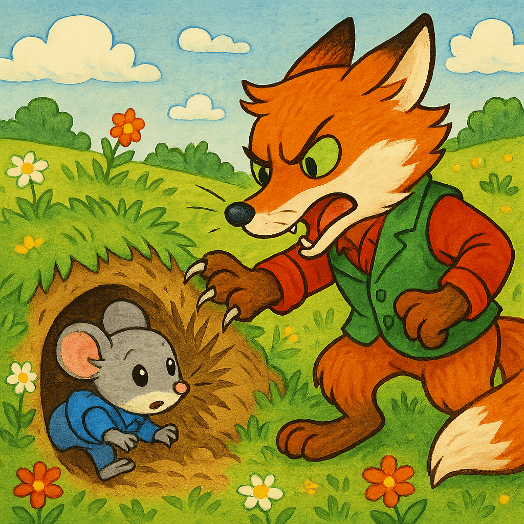 Мышонок убегает в отнорок, а лис пытается разрыть норку.