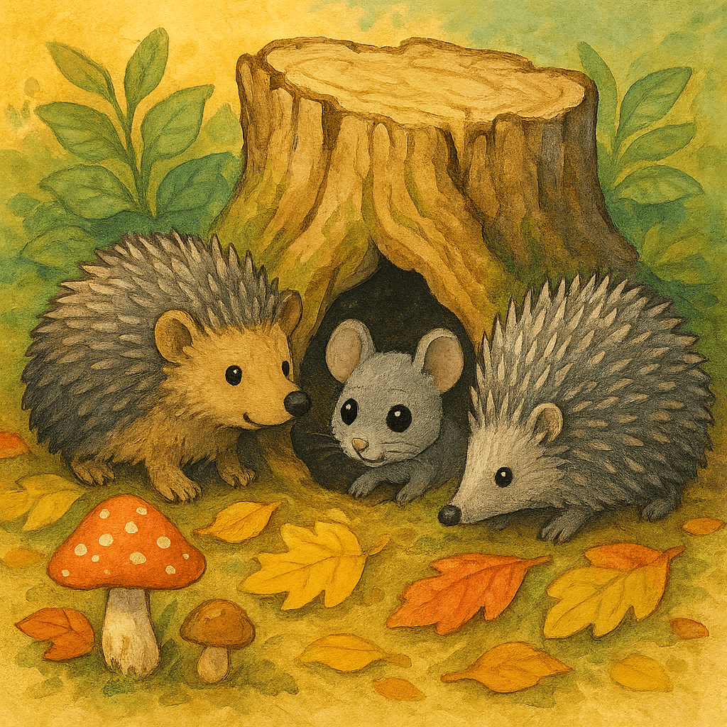 Мышонок прячется под пнем, вокруг еж и ежиха