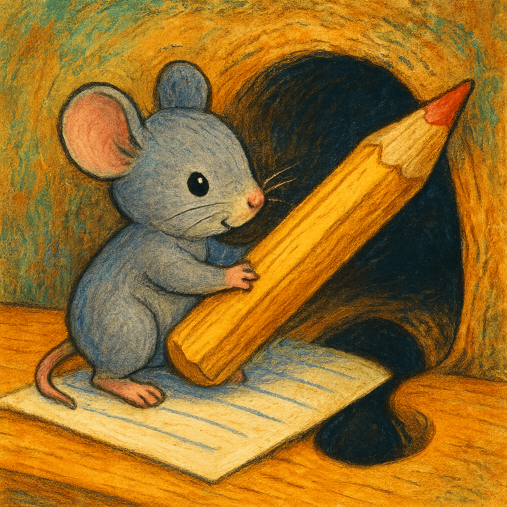 Мышонок тащит карандаш к себе в норку