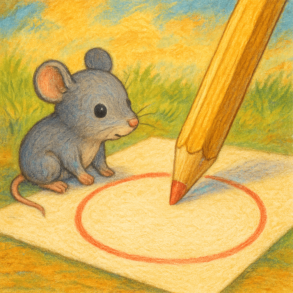 Карандаш рисует кружок, а мышонок наблюдает