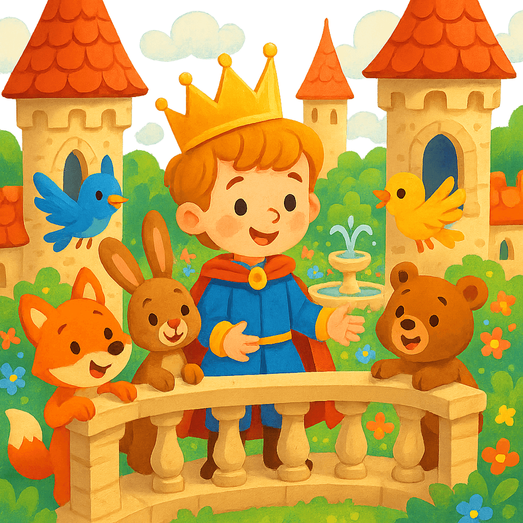 Маленький принц на балконе сказочного замка с радостными зверятами и птицами, волшебный сад на заднем плане. Яркий детский стиль.