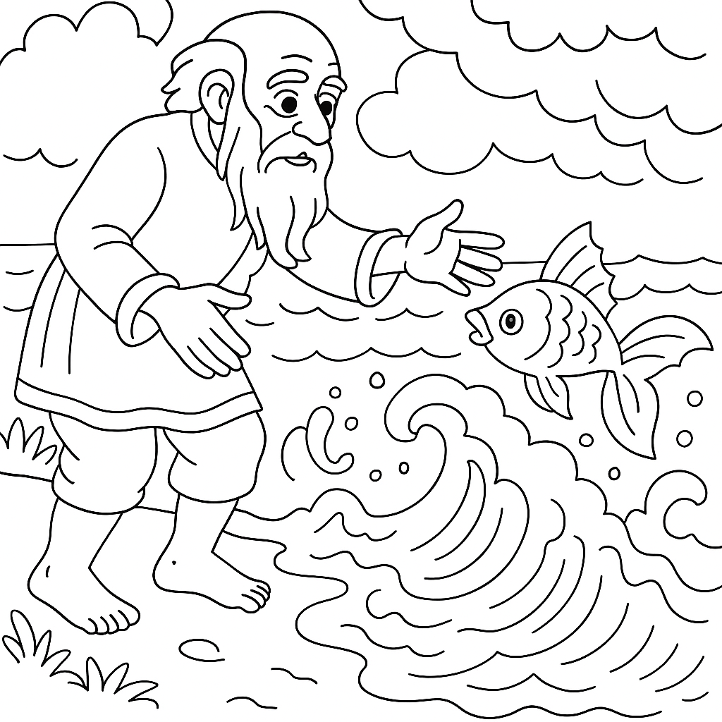 Раскраска по сказке "Сказка о рыбаке и рыбке"