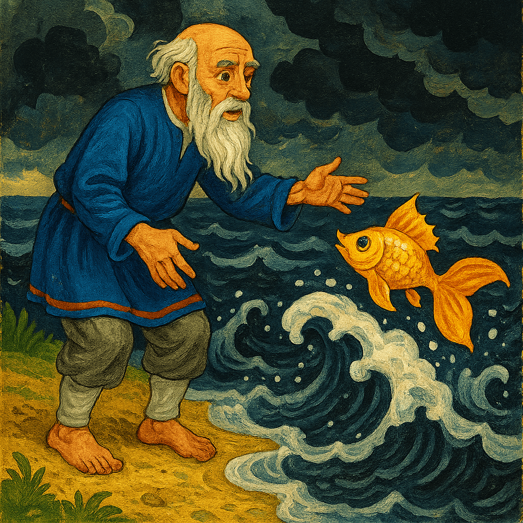 Старик у чёрного бушующего моря зовёт золотую рыбку.