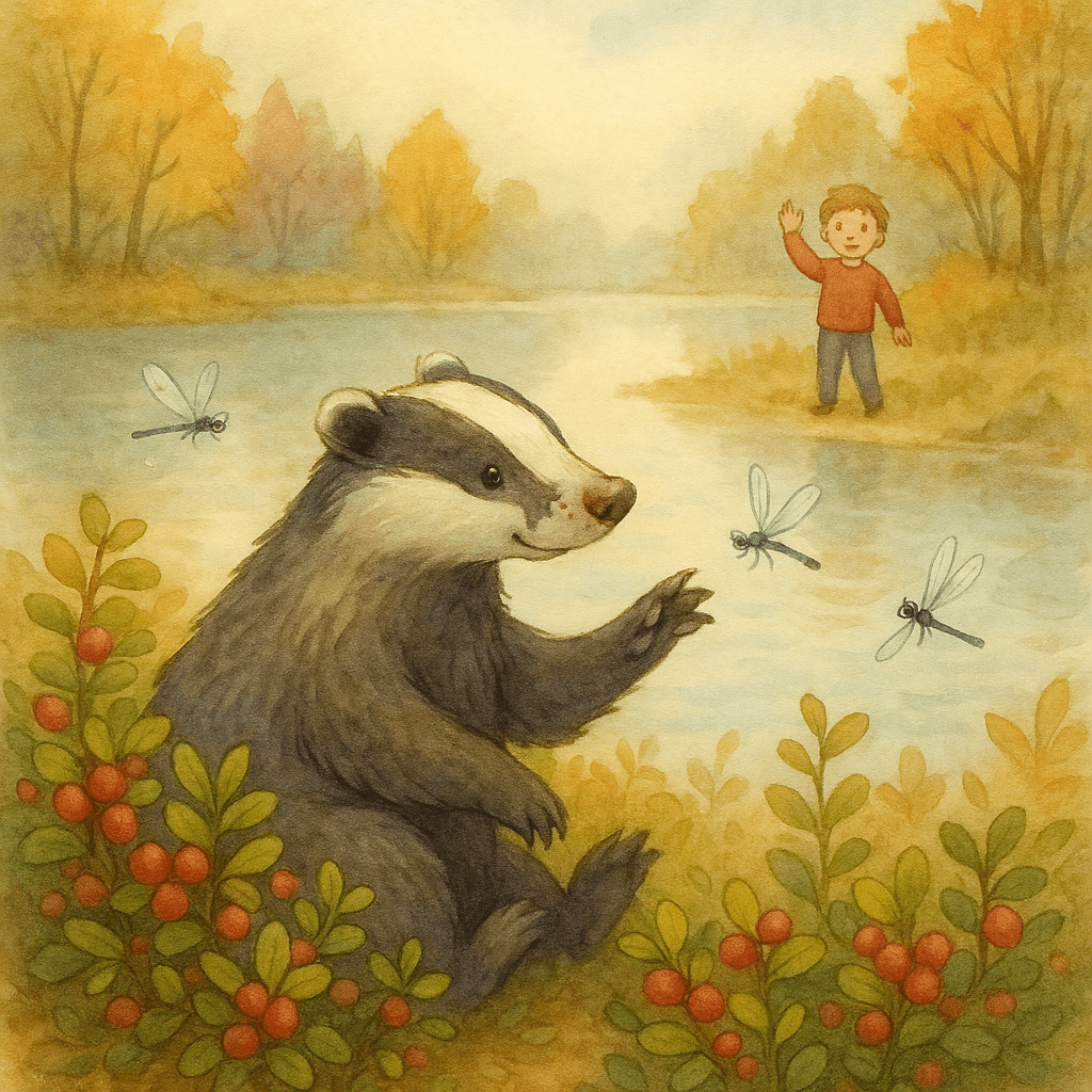 Взрослый барсук со шрамом на носу ловит стрекоз у озера, мальчик машет рукой