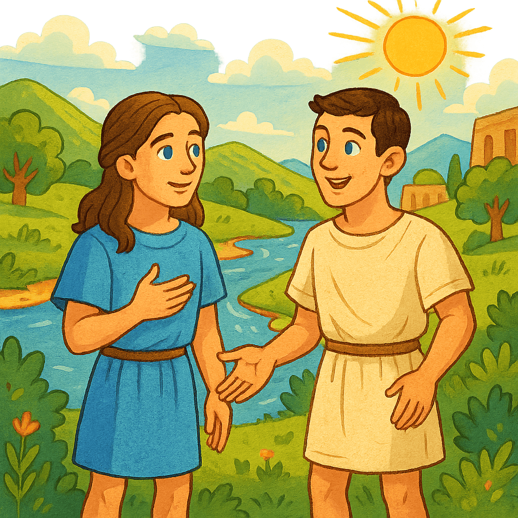 Прометей и Эпиметей разговаривают на берегу реки.