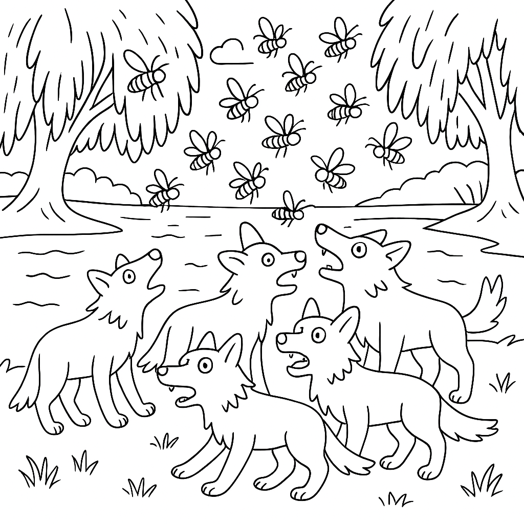 Раскраска по сказке "Волк, улитка и осы"