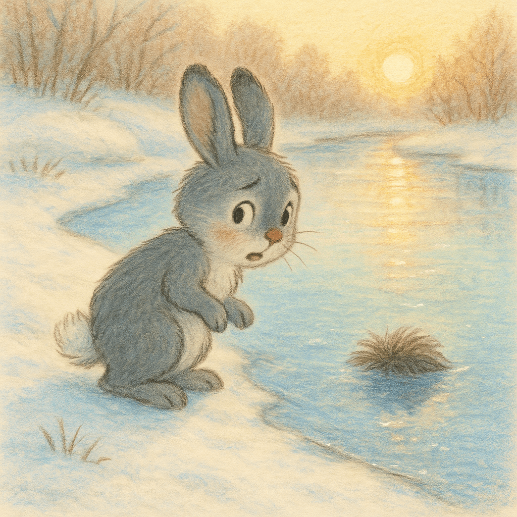 Кролик на берегу смотрит на свой хвост, который вмерз во льду