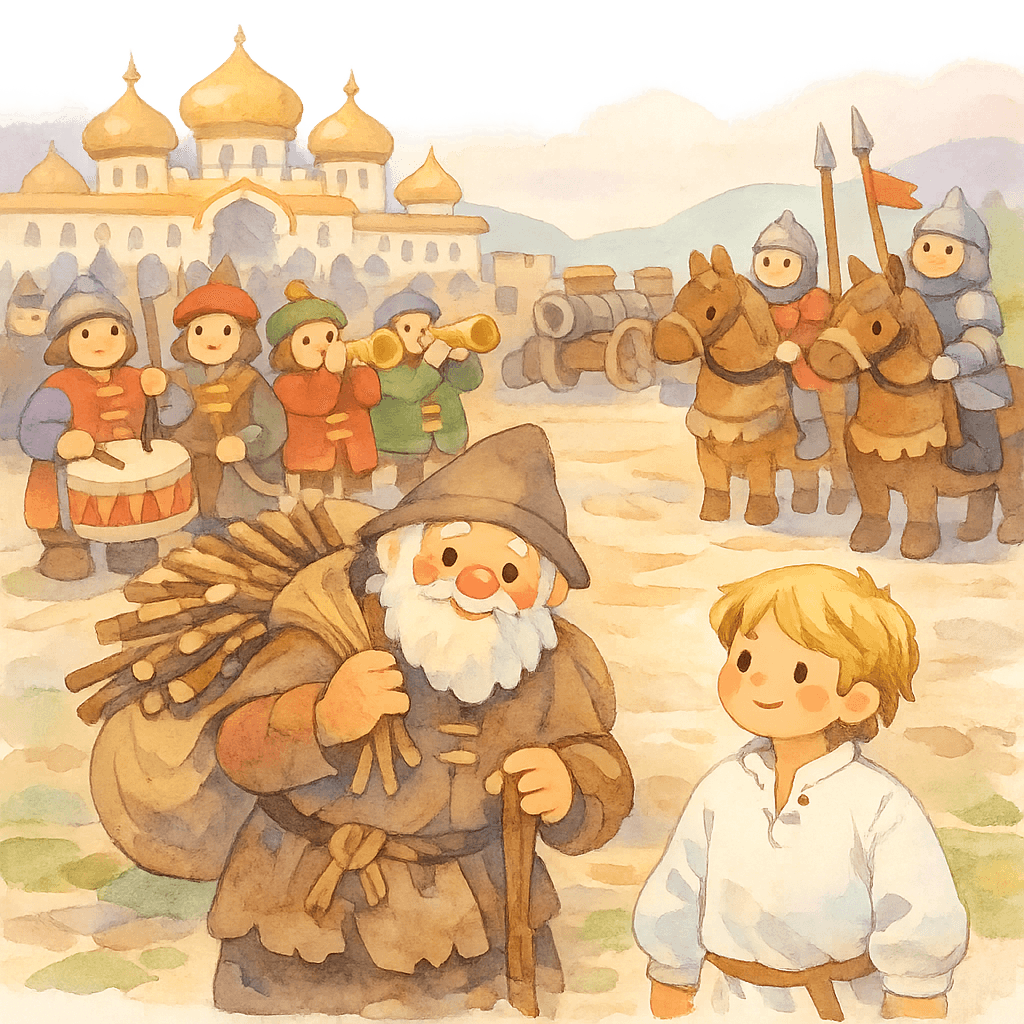 Большое войско, собранное при помощи хвороста, перед царским дворцом