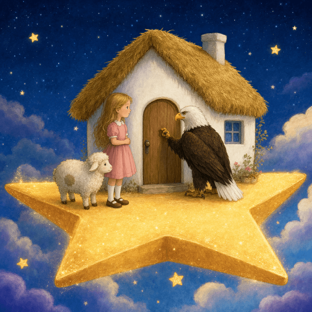 Орел Дэвид стучит в дверь домика на звезде, рядом Мэри и овечка