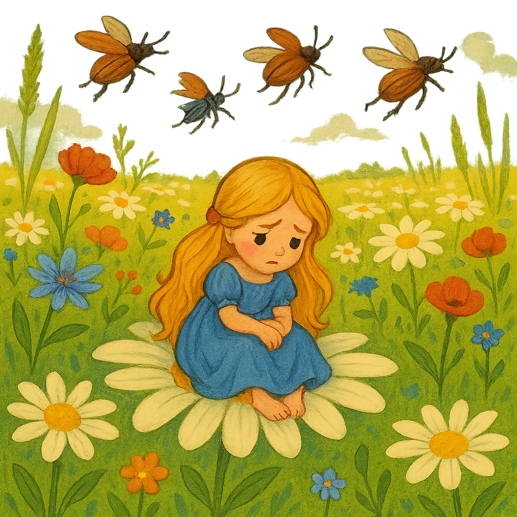 Дюймовочка одна на ромашке после встречи с жуками.