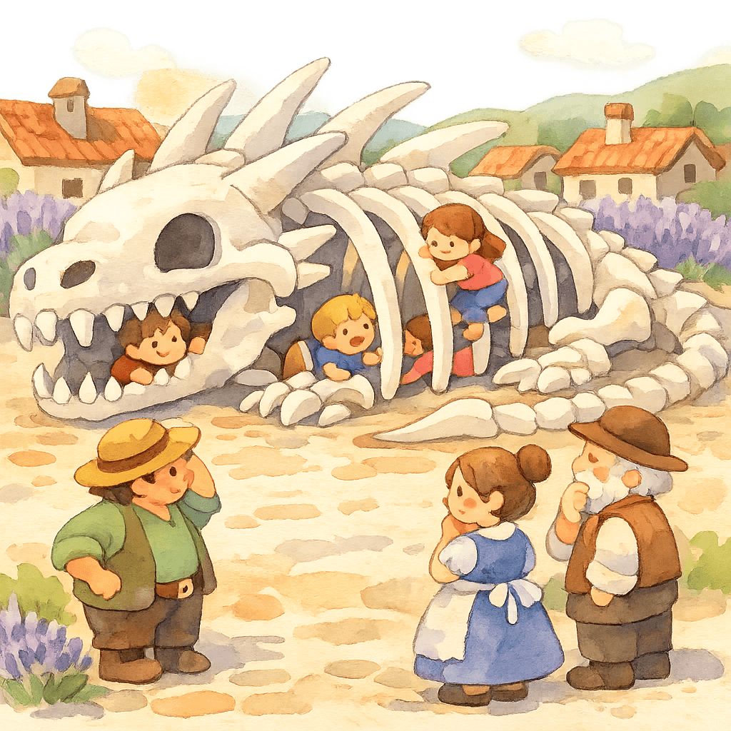 Дети и взрослые на площади играют возле огромного скелета дракона, а Марта исчезает