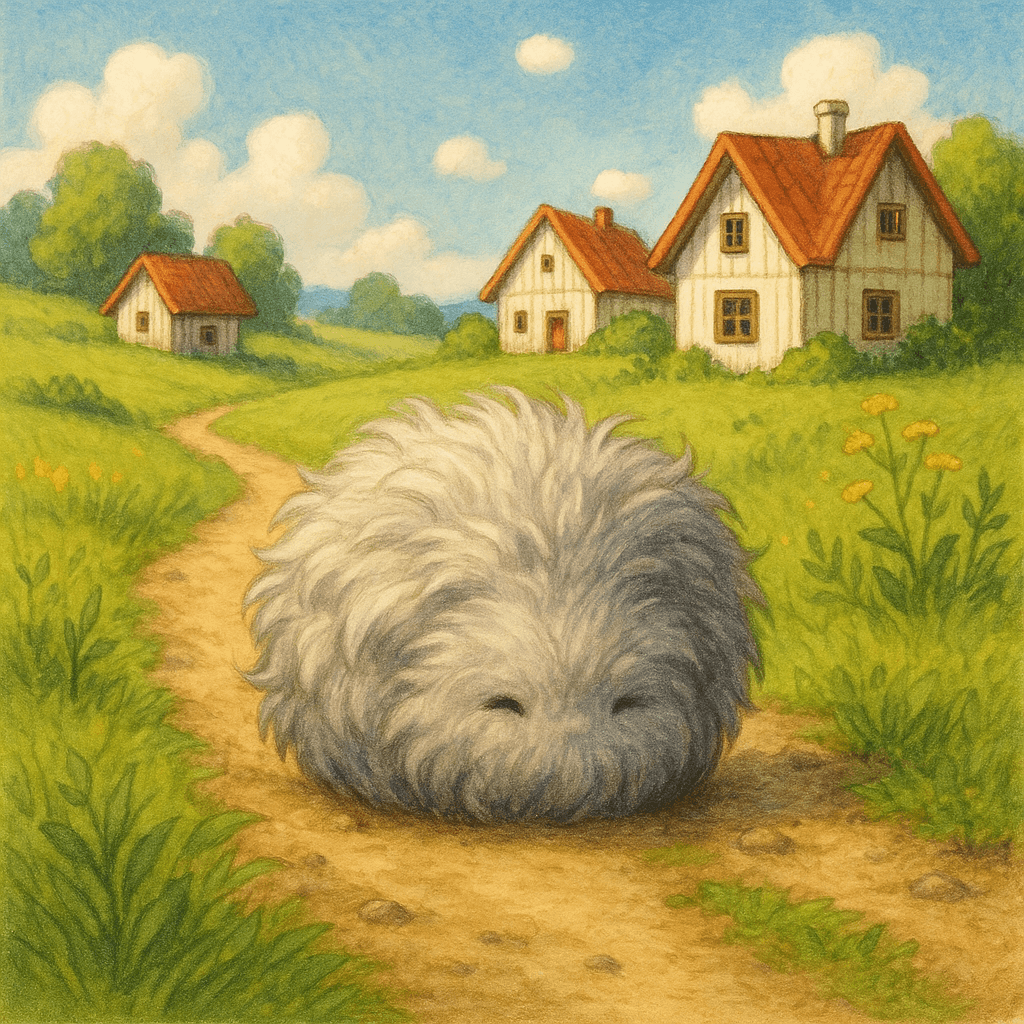 Большой клубок шерсти на дороге у деревни летом