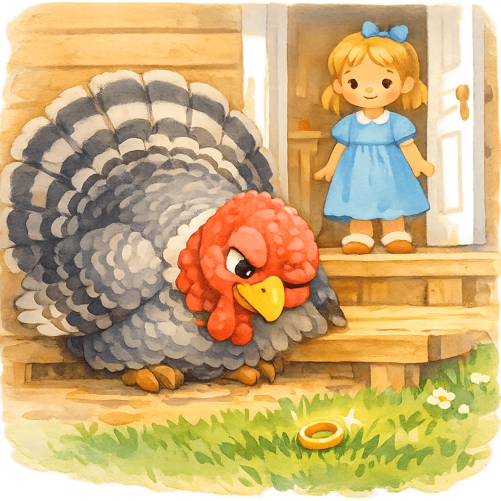 Индюк щурится с крыльца, Оля за ним, на траве блестит колечко
