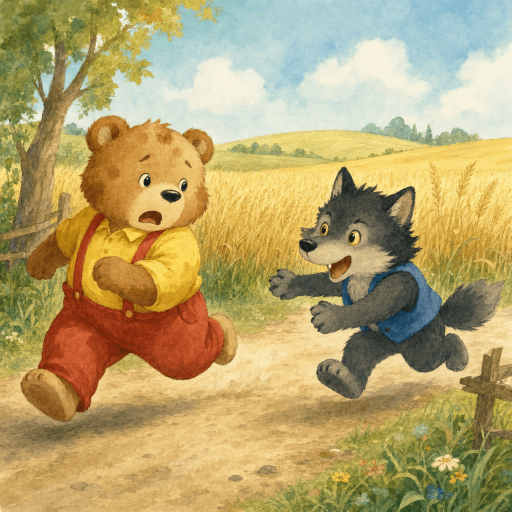Медведь убегает, ему навстречу выходит волк