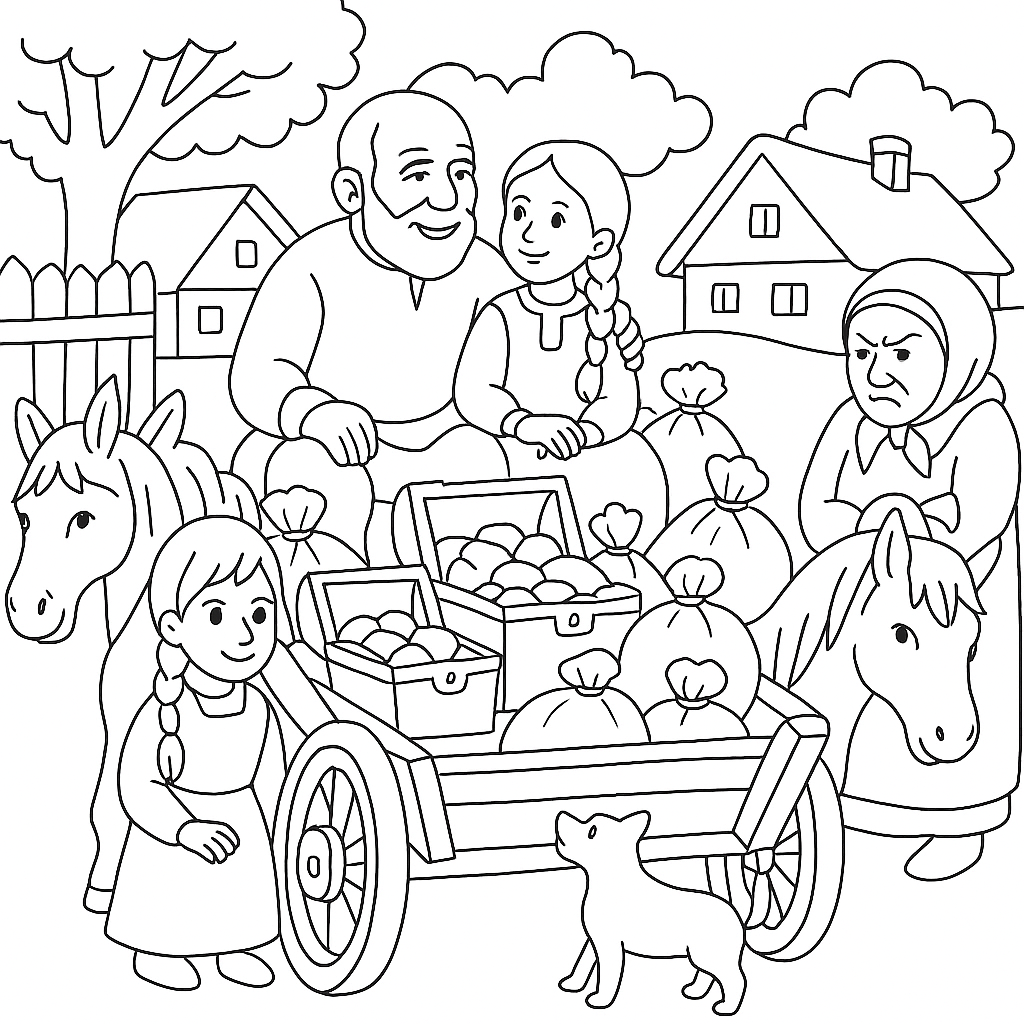 Раскраска по сказке "Дочь и падчерица"