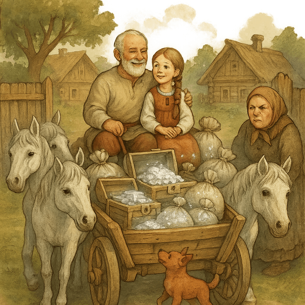 Отец и дочь на возу с серебром, кони, завистливая мачеха и собачка