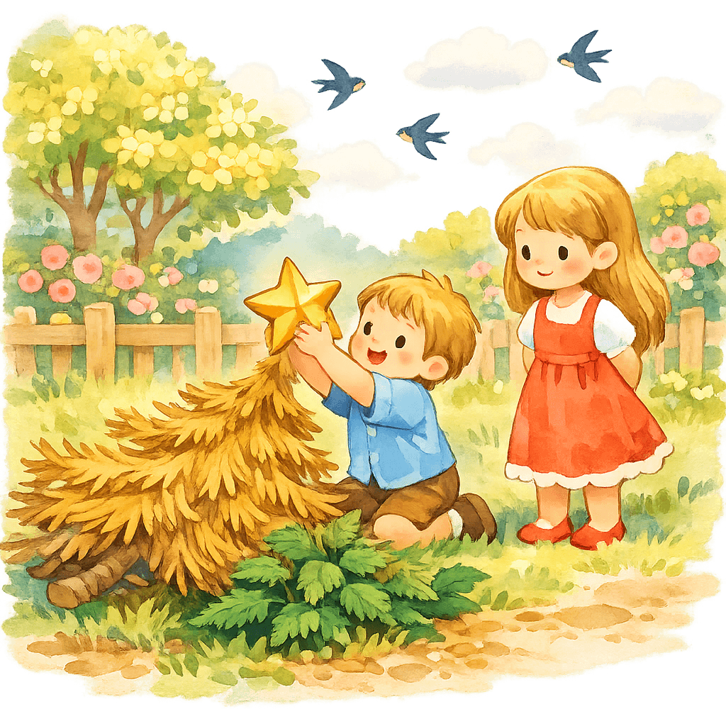 Елочка на дворе весной, вокруг веселые дети и цветущий сад