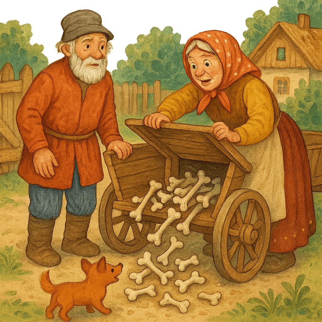 Баба открывает кузов с костями, собачка рядом, старик с пустым возом