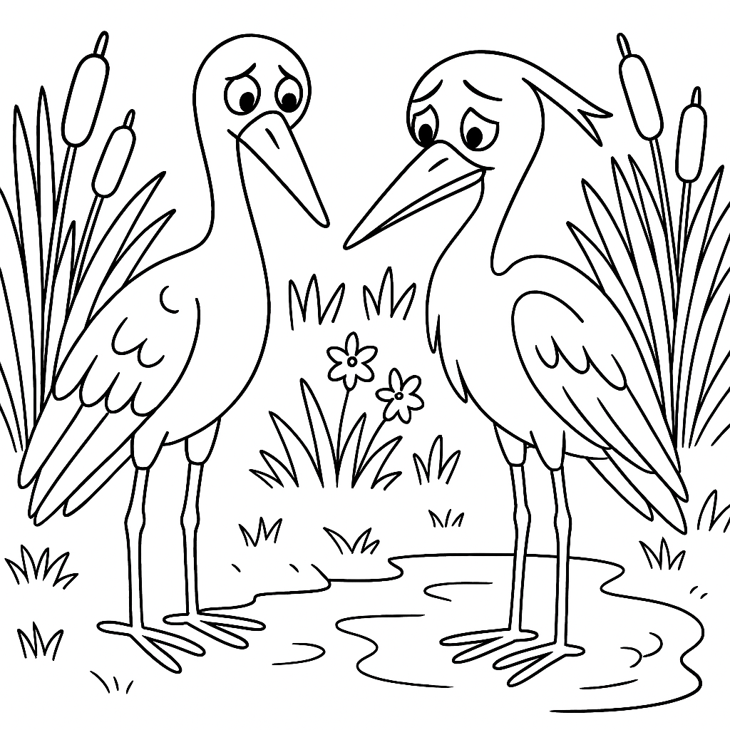 Раскраска по сказке "Журавль и цапля"