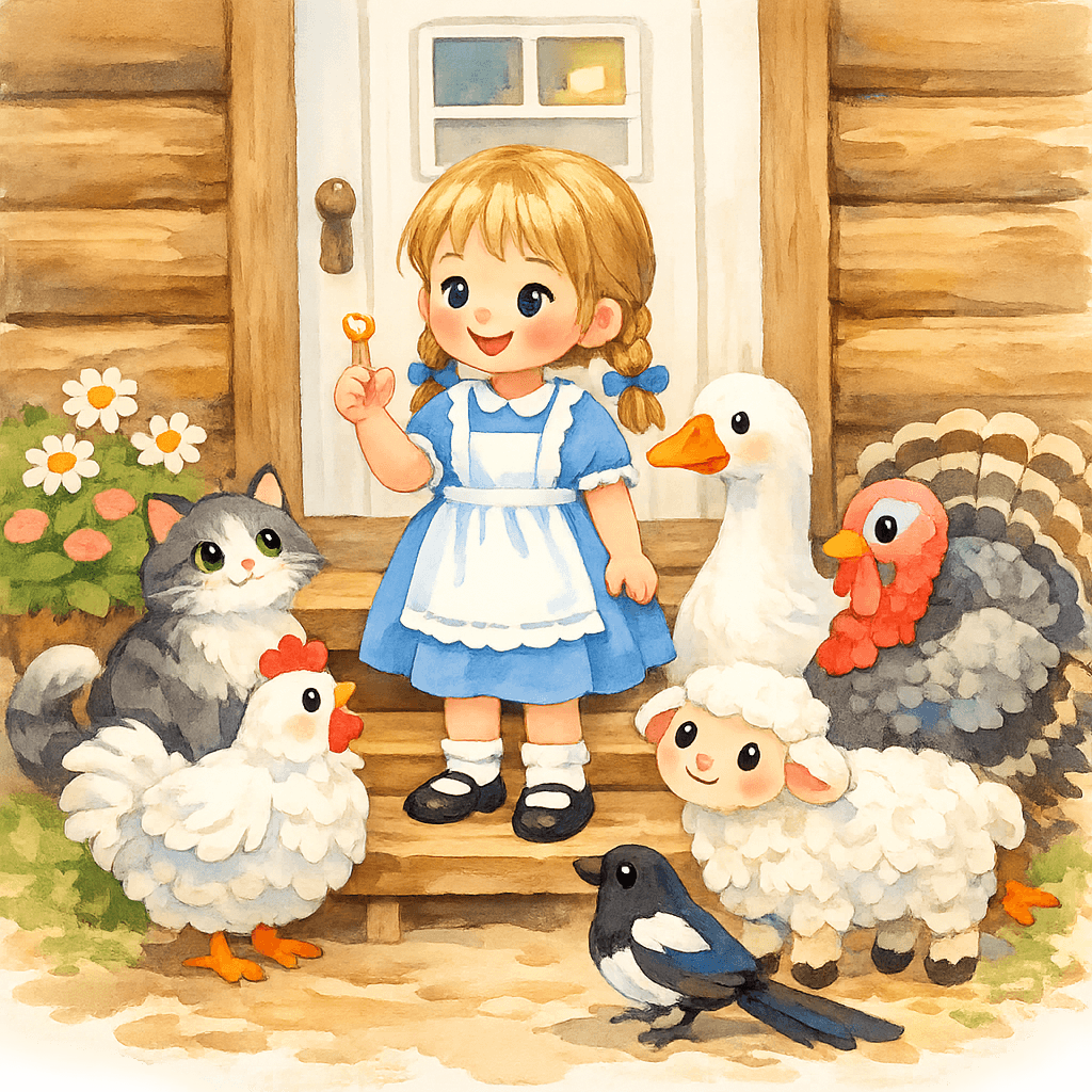 Оля стоит на крылечке с колечком на пальце, вокруг неё животные двора