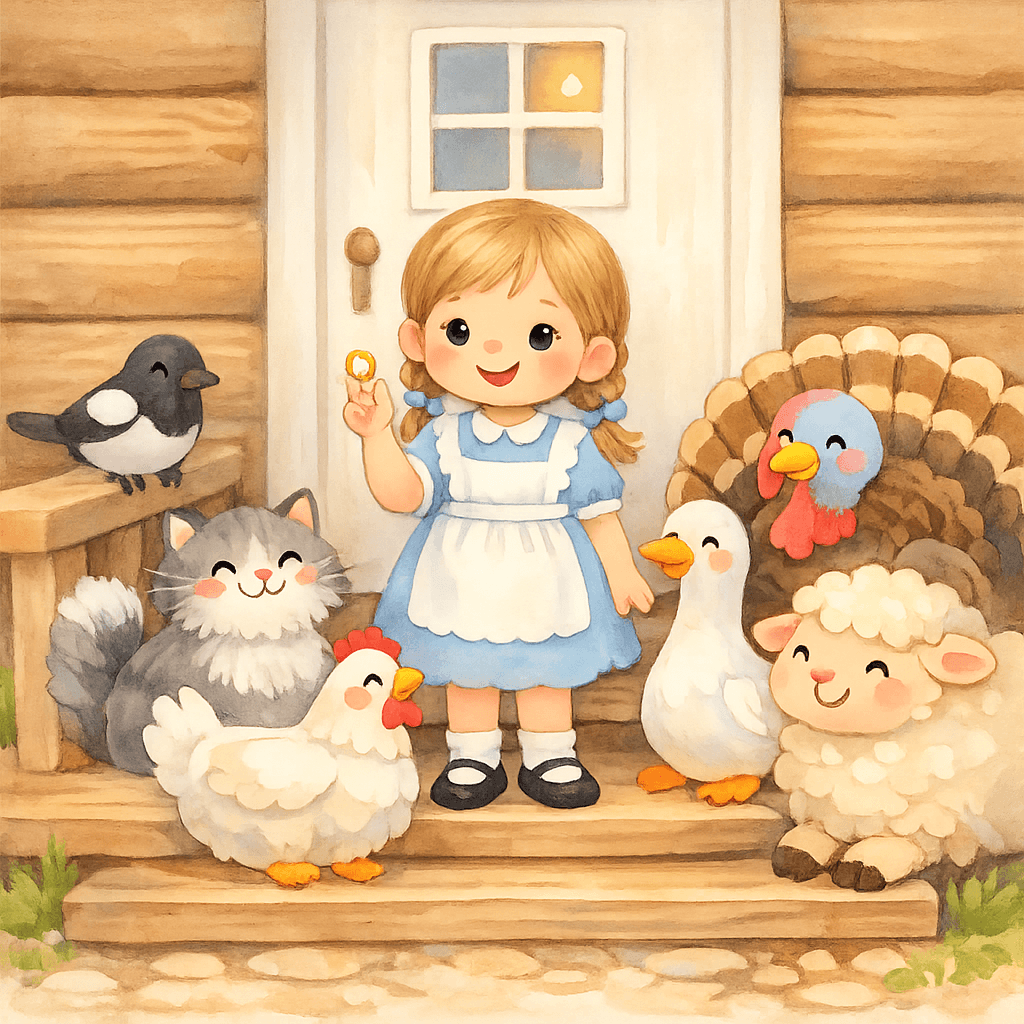 Оля стоит на крыльце с найденным колечком, а рядом радуются все животные