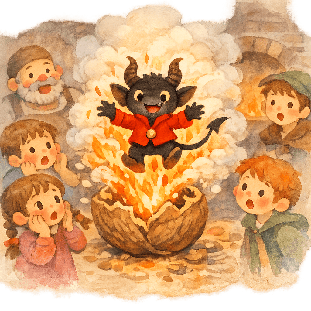 Черт появляется из ореха с дымом и огнем