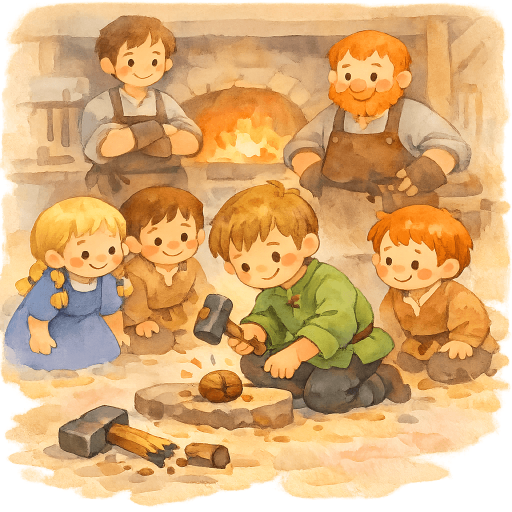 Кузнецы и прохожий пытаются расколоть орех, а молот ломается