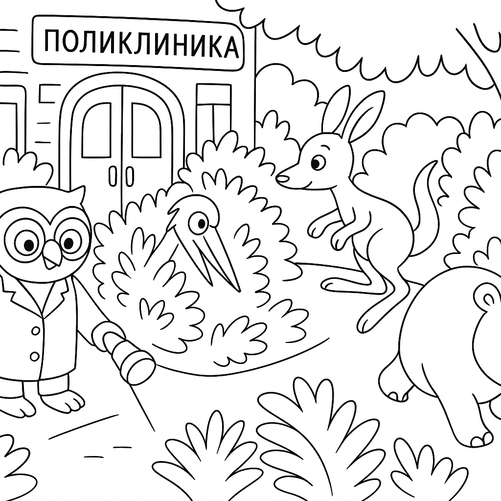 Раскраска по сказке "Про Бегемота, который боялся прививок"