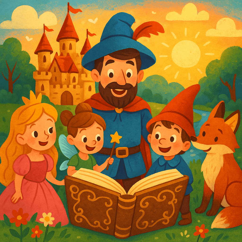Классические персонажи сказок собираются вокруг открытой книги на фоне замка и реки, рассвет, яркий детский стиль.