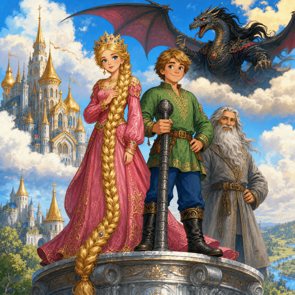 Василиса с золотой косой и Иван Горох возле волшебного дворца на одном столбе, в небе Лютый Змей. Обложка для русской народной сказки, все персонажи выполнены в едином стиле.