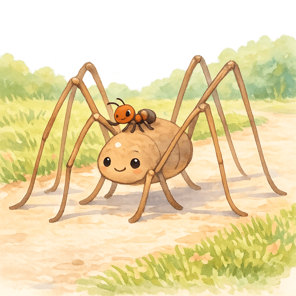 Муравьишка едет верхом на Паукe-Сенокосце, длинные ноги как ходули.