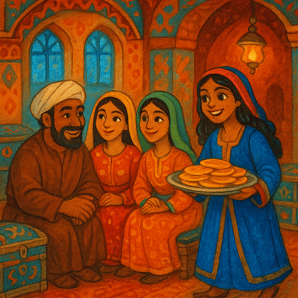 Счастливая семья Али-Бабы с Марджаной, готовящей угощения в их восточном доме.