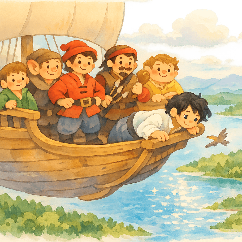 Опивало садится на корабль, вокруг большое озеро