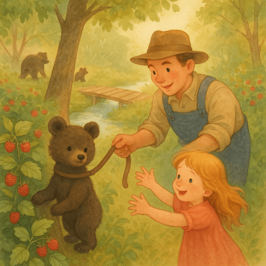 Колхозники приводят медвежонка Мишука Аришке