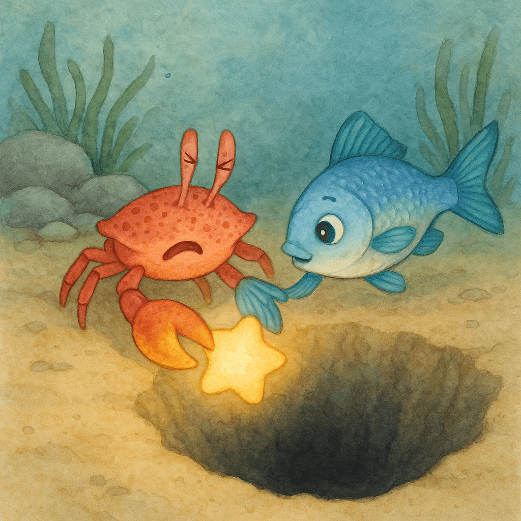 Клэп удерживает звёздочку на краю ямы, а Булька помогает