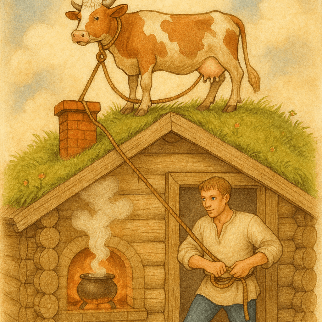 Корова на крыше, крестьянин привязывает верёвку к себе