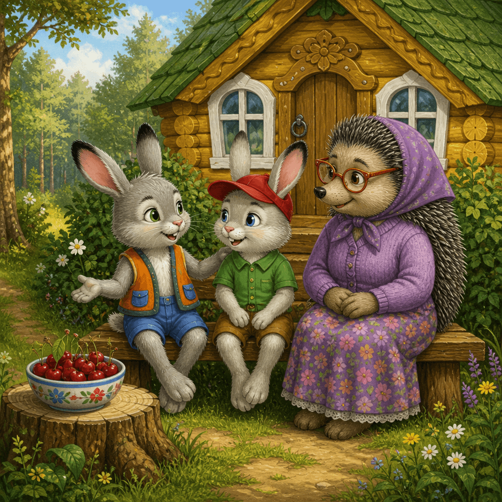 Зайчонок Стёпка, Тишка и тётя Ежиха сидят у домика на скамейке и едят вишню