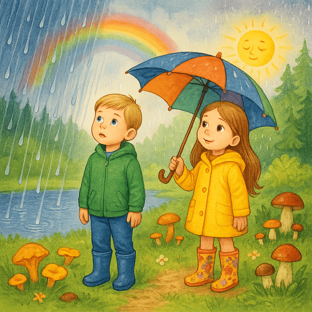 Мальчик и девочка рассматривают разные виды дождя на лесной поляне: спорый, грибной и слепой дождь под радугой.