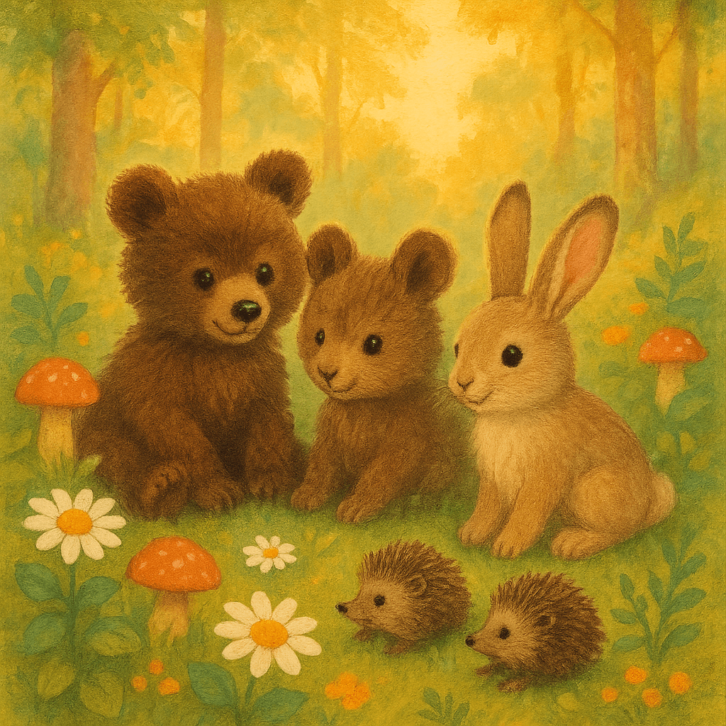 Пушистые медвежата, зайчата и ежата на лесной поляне среди цветов и грибов, мягкий утренний свет, уютная атмосфера, стиль тёплой детской иллюстрации.