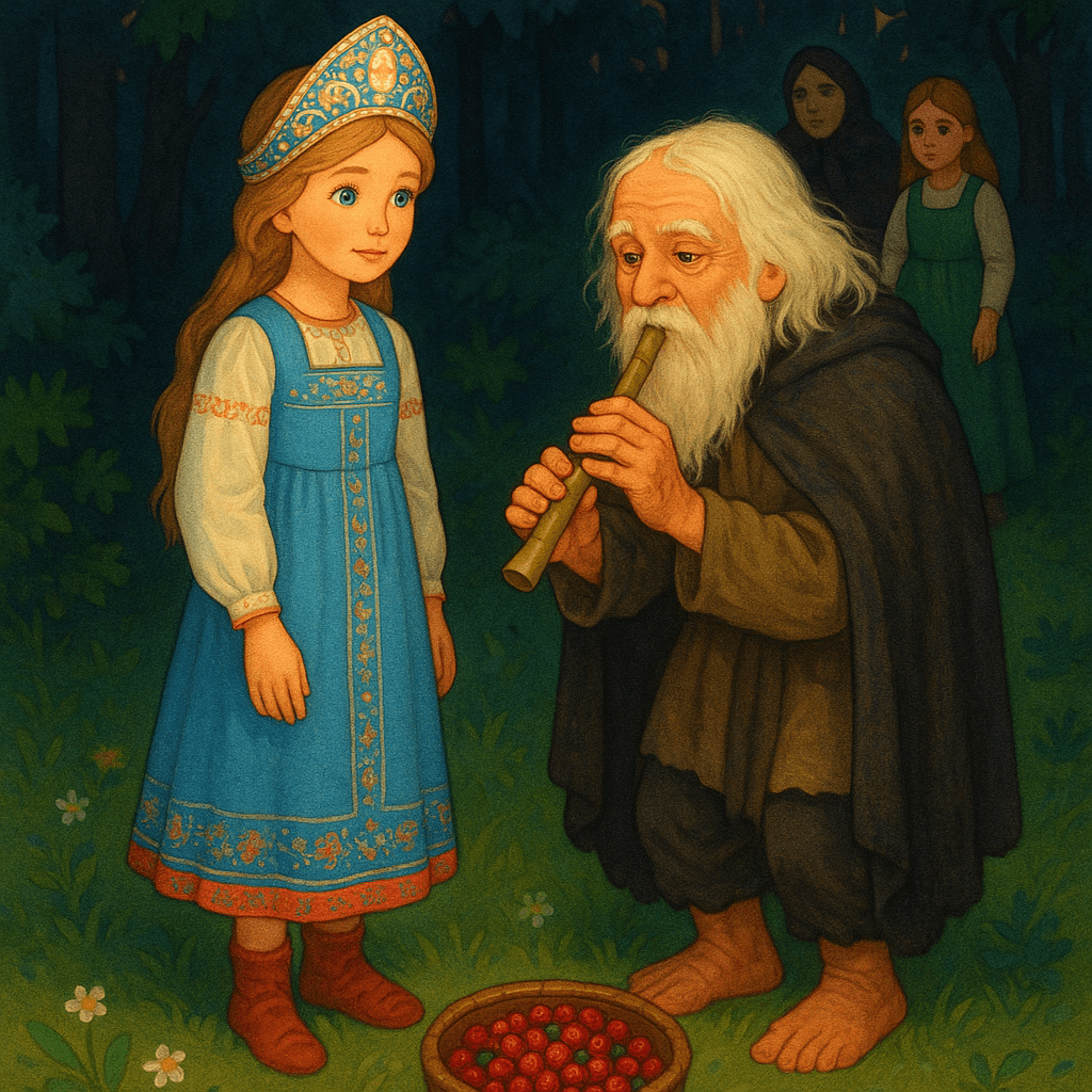 На лесной поляне девочка-сирота с дудочкой и странником, вдалеке мачеха с дочерью