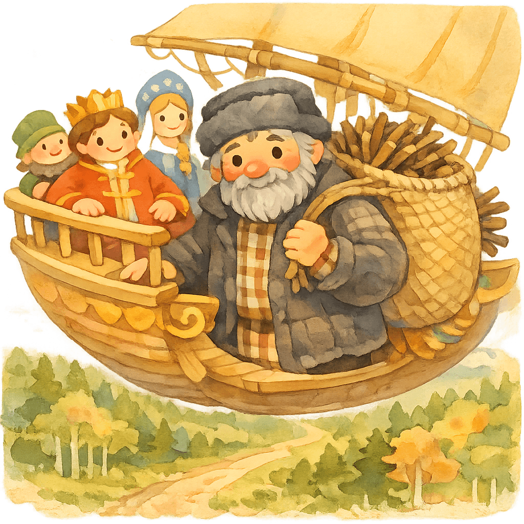 Старик с хворостом садится на летучий корабль