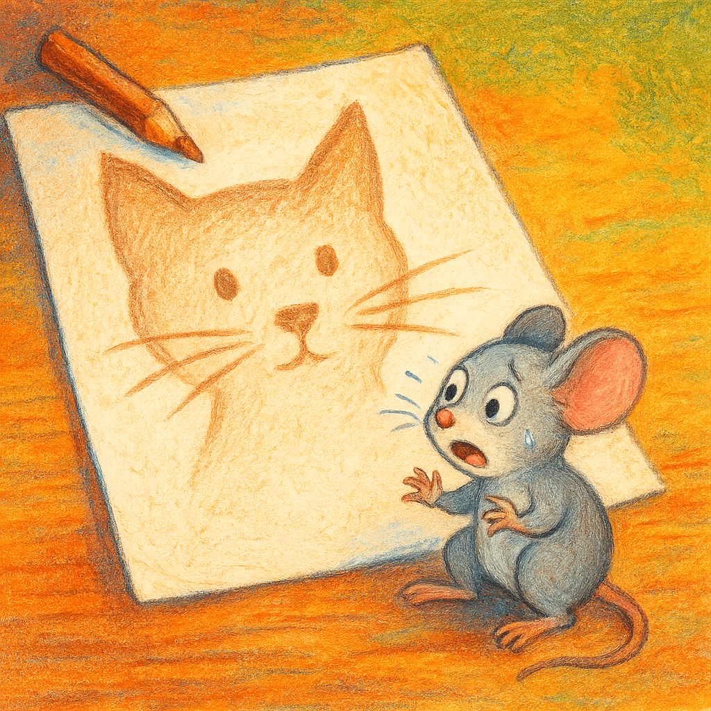 Карандаш рисует кошку, мышонок пугается