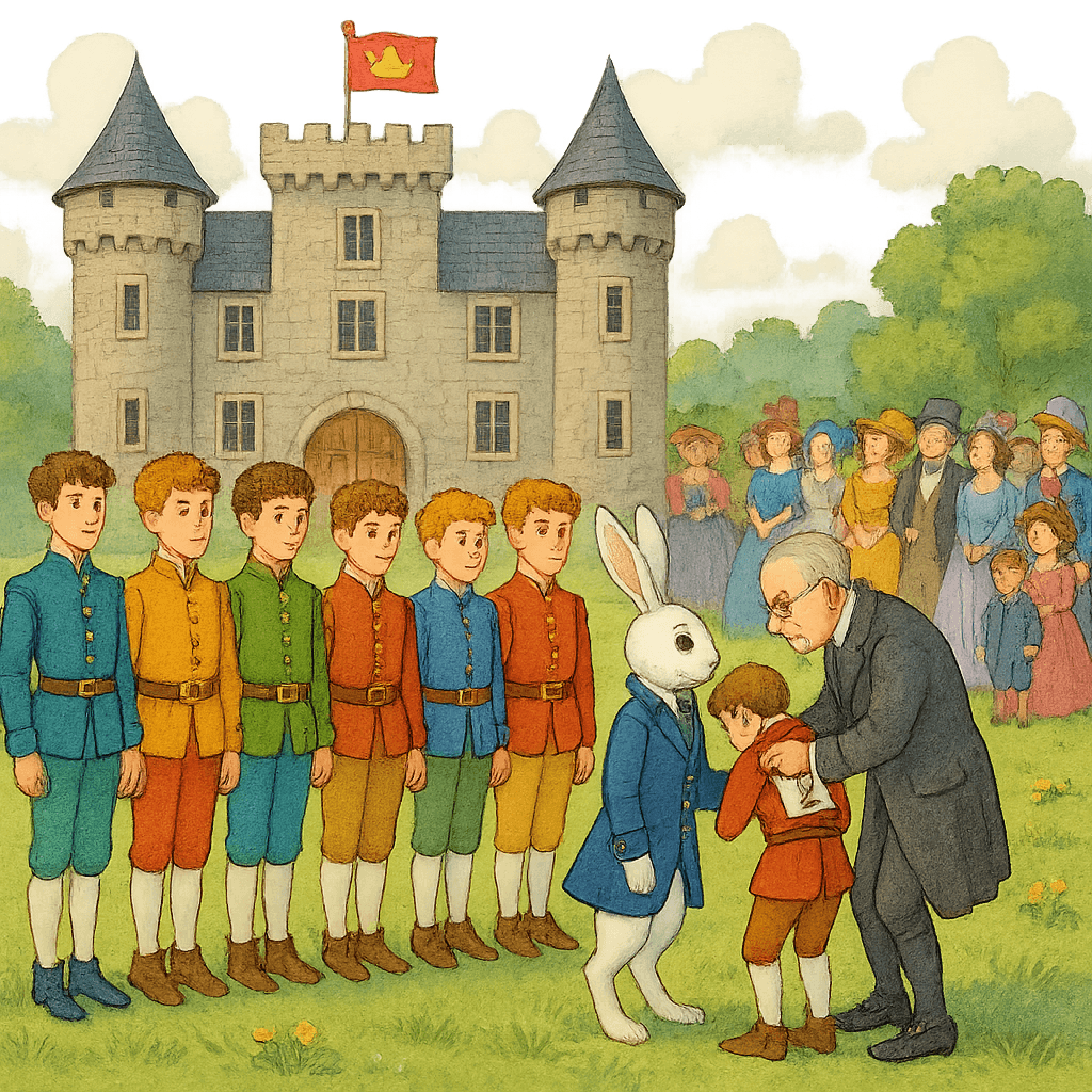 Претенденты, среди них Кролик, выстроились на старт состязания перед замком.