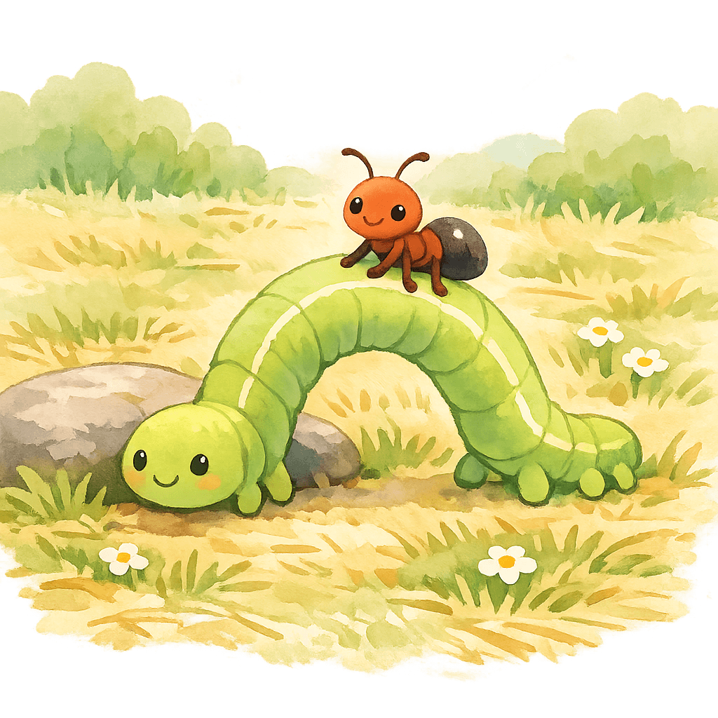 Муравьишка вскарабкался на спину к Гусенице-Землемеру.