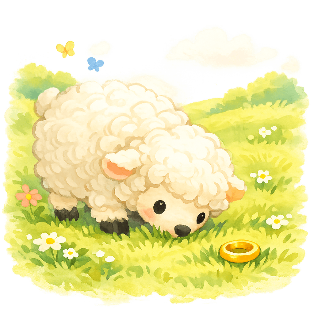 Овечка пасётся на лугу, где-то в траве лежит колечко