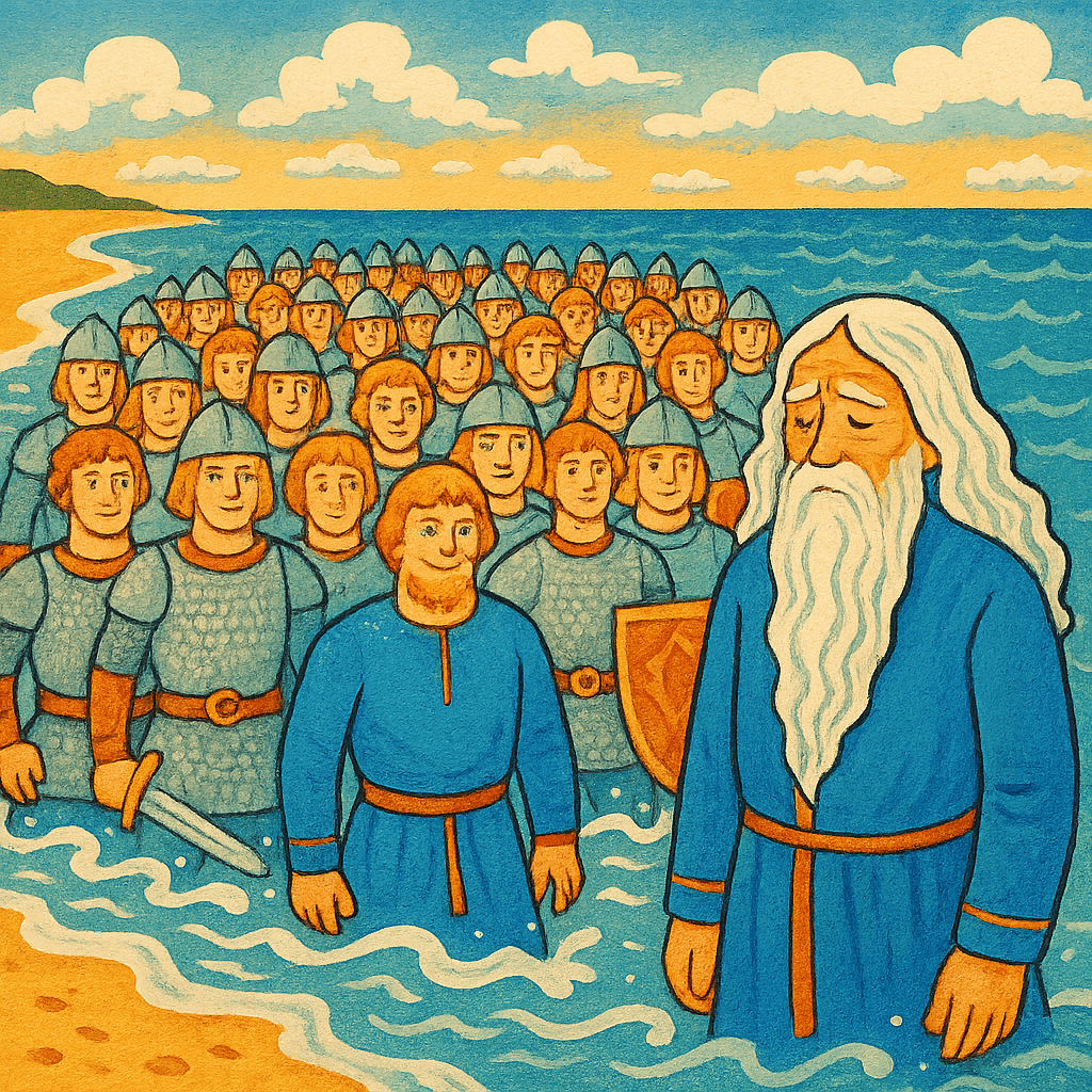 Тридцать витязей выходят из моря, впереди их дядька морской.