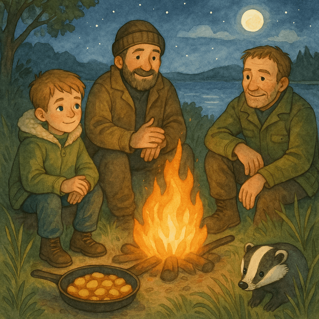Мальчик и взрослые сидят ночью у костра, барсук прячется в траве