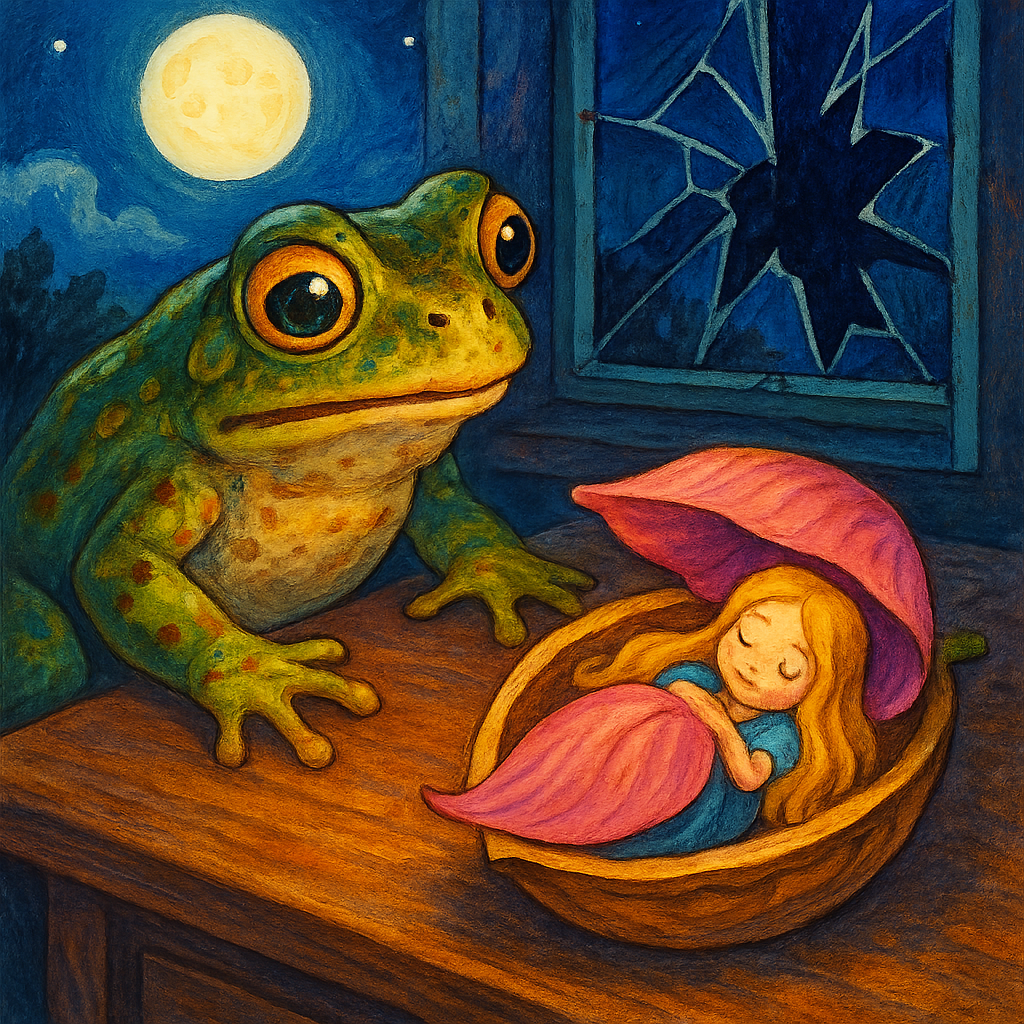 Жаба пробирается к спящей Дюймовочке ночью.