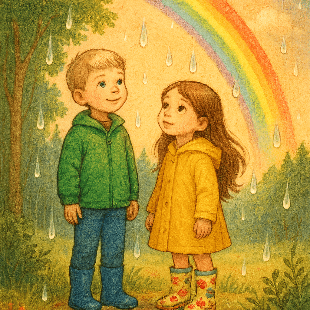 Слепой дождь: на солнце сверкание капель, в небе радуга, дети восхищаются.