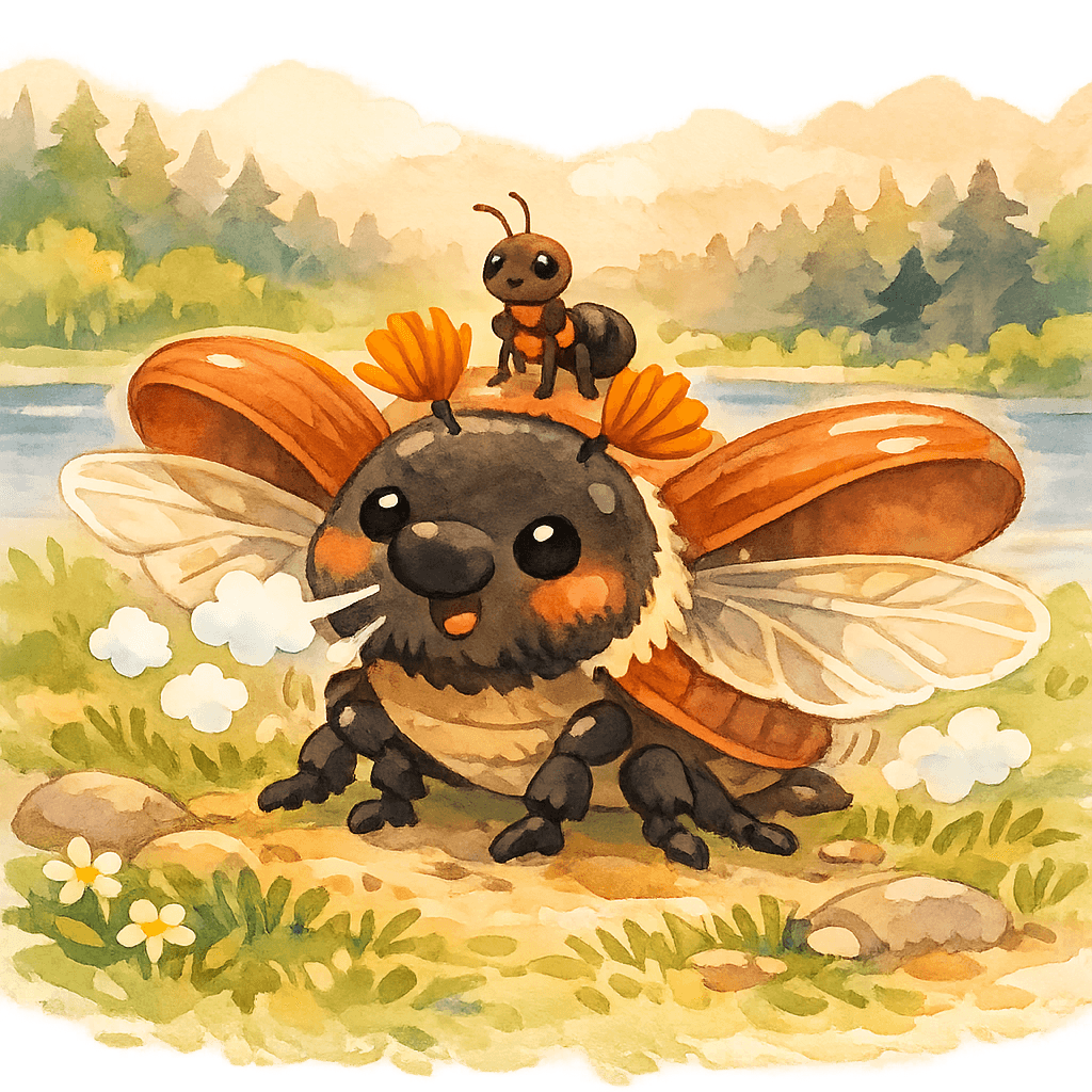 Майский Хрущ расправляет тонкие крылья, готовясь поднять Муравьишку в небо.